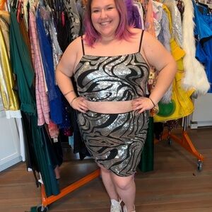 Silver and Black Sequin Two-Piece with Strappy Back